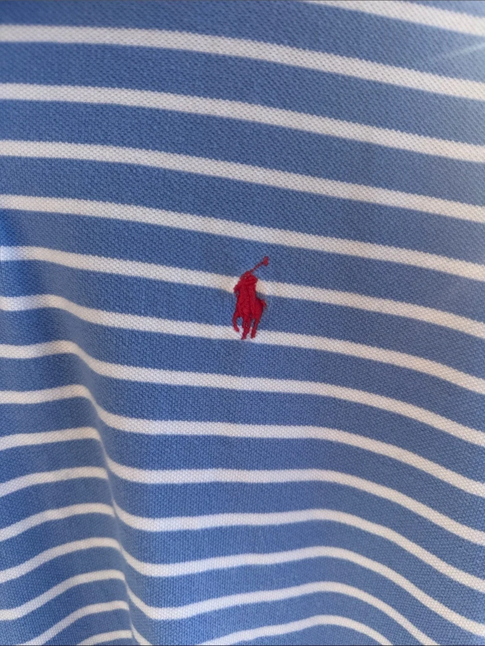 Ralph Lauren Blue and White Striped Polo Shirt with Red horse Logo